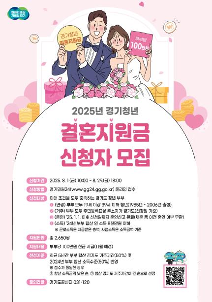 경기도, 청년 신혼부부 2,650쌍에 결혼지원금 100만 원 지급하기로. 기사 이미지